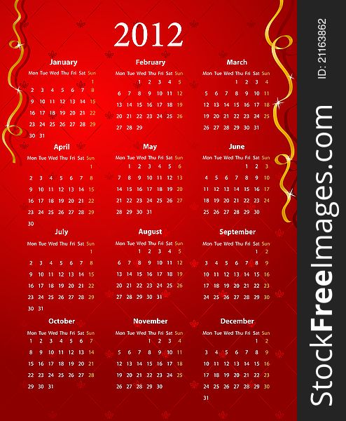 Vector European red calendar 2012, starting from Mondays. Vector European red calendar 2012, starting from Mondays