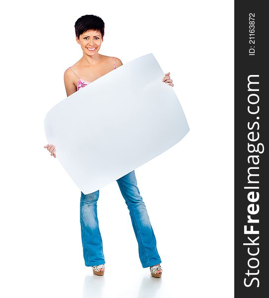 Beautiful woman holding a blank for your text or image