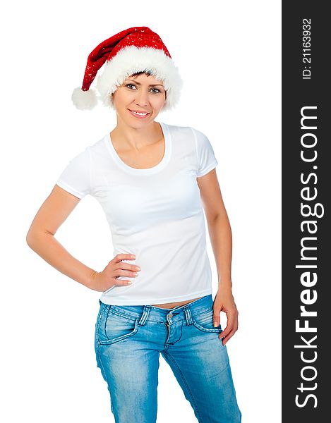 Girl in a white T-shirt and hat of Santa isolated on a white background