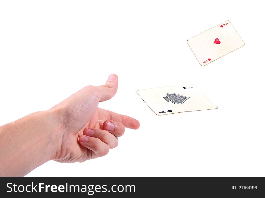Hand throwing two aces on white background
