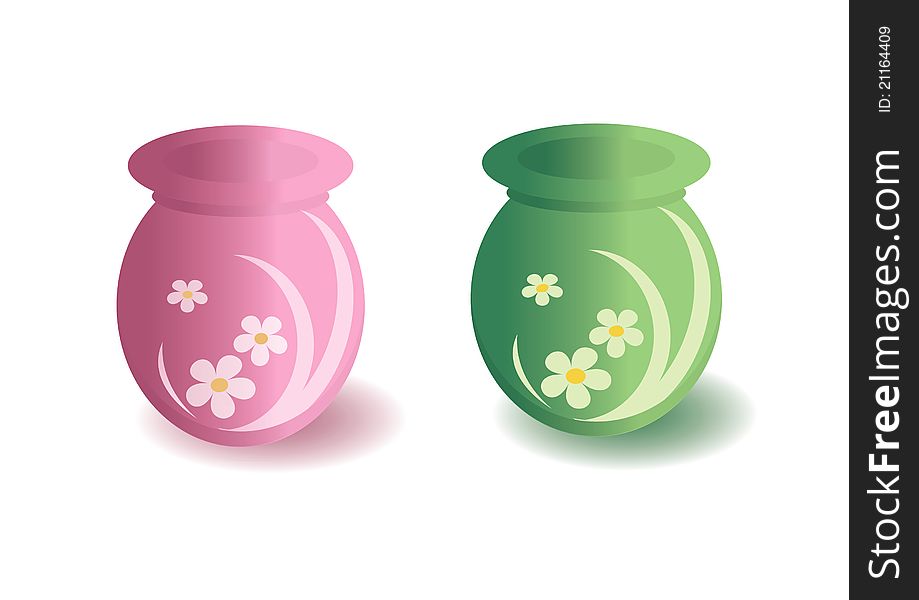 Green and pink pots with floral design