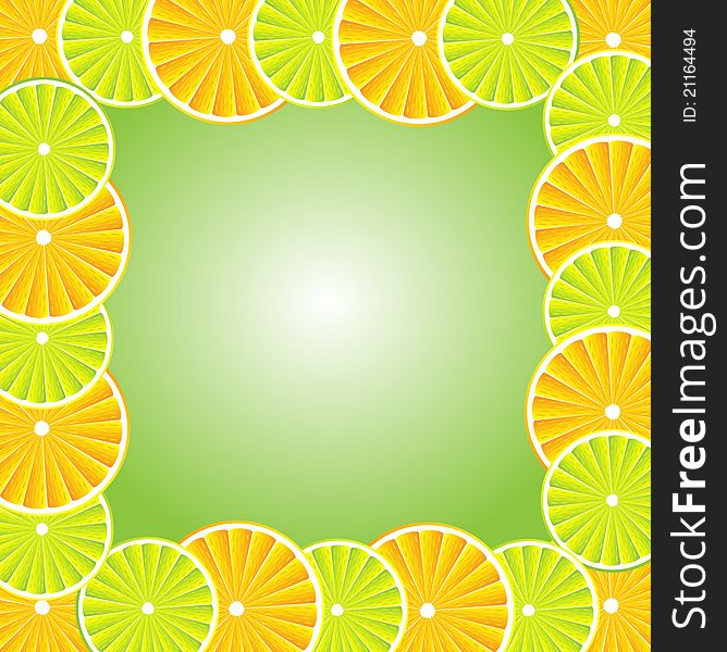 Slices orange and lemon over green white background. Slices orange and lemon over green white background.