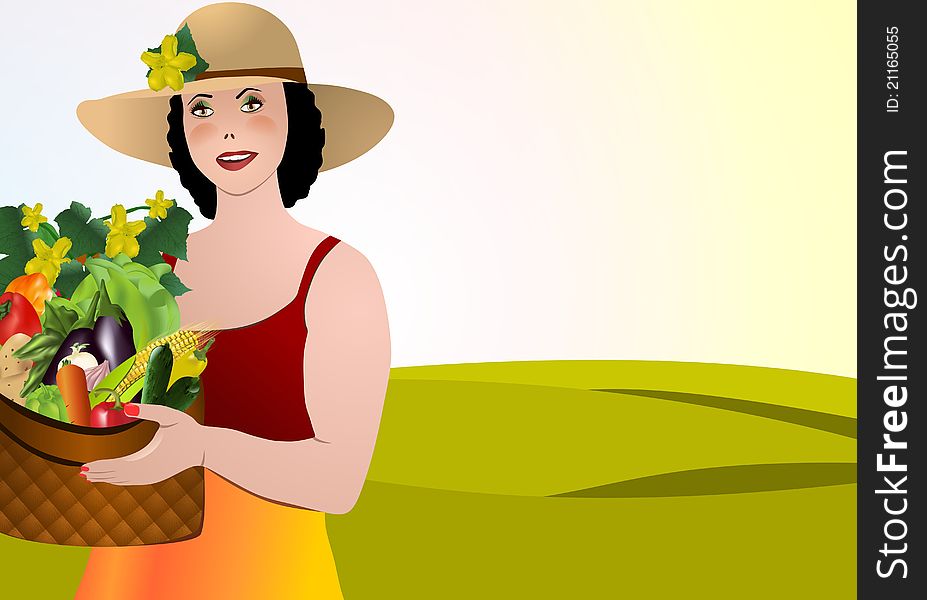 Young woman holding a basket full of vegetables, hills in the background, vector format. Young woman holding a basket full of vegetables, hills in the background, vector format