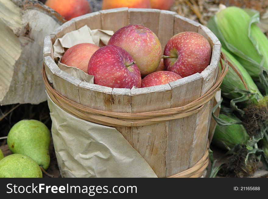 Fresh apples in small wooden barrel. Fresh apples in small wooden barrel