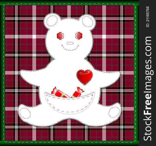 Funny background: red-green plaid and lace-small bear with candy and crimson heart. Funny background: red-green plaid and lace-small bear with candy and crimson heart