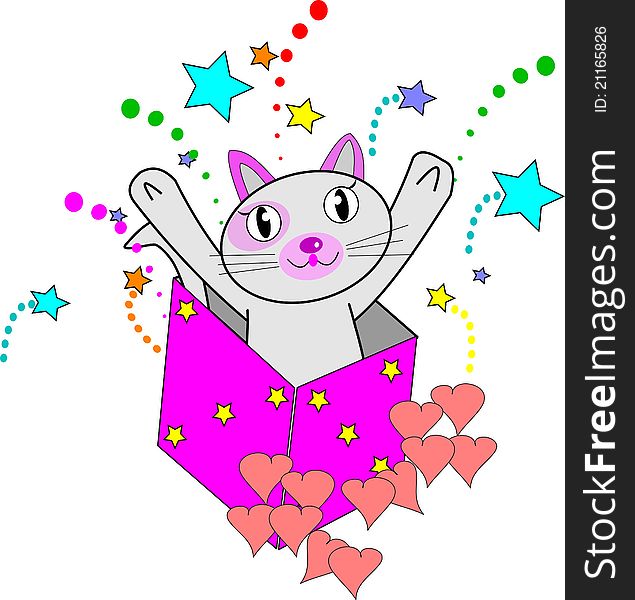Cat in box with hearts and stars celebrating an occasion with copy space. Cat in box with hearts and stars celebrating an occasion with copy space
