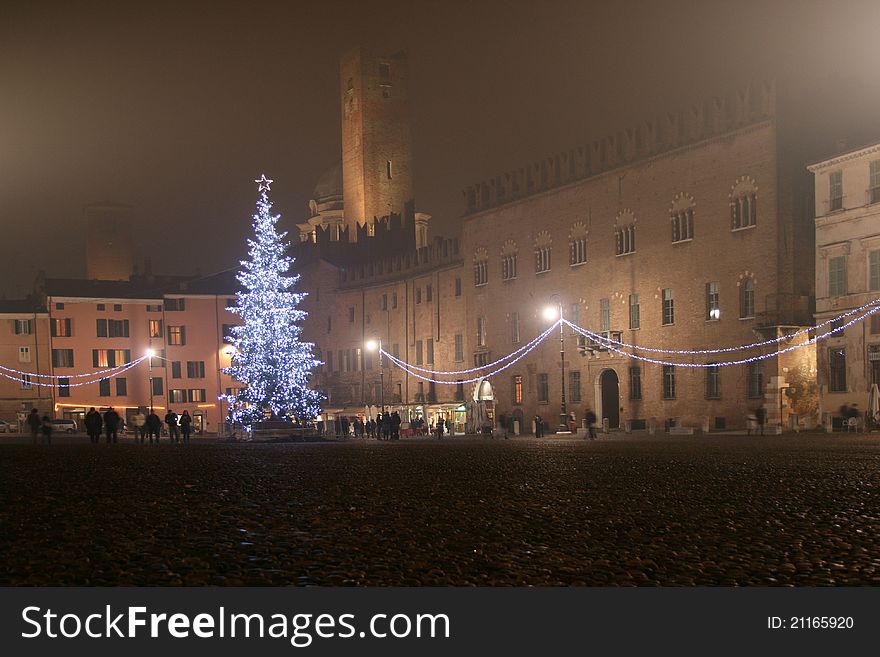 Christmas tree with silver light in center of Mantova. Christmas tree with silver light in center of Mantova