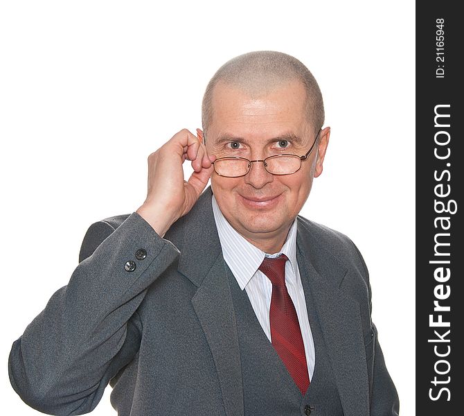 A surprised businessman with eyeglasses isolated on white.