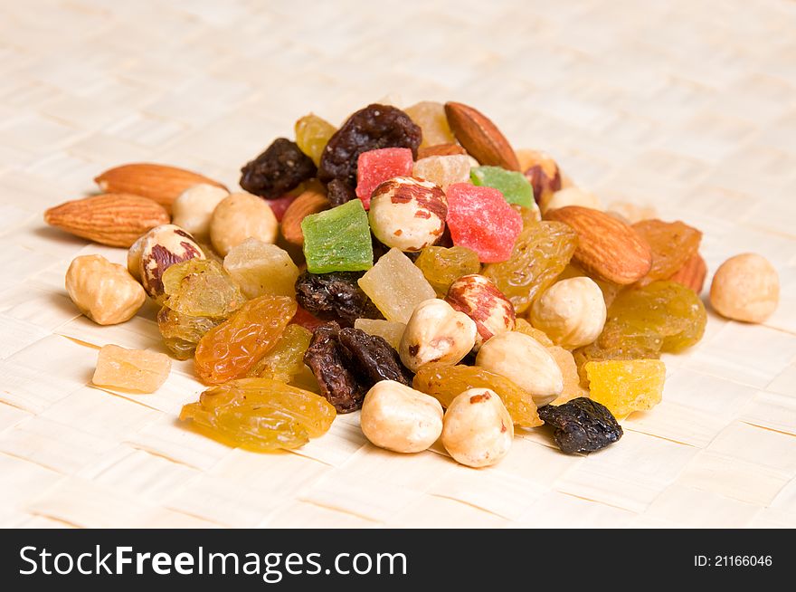 Macro of mix of nuts and dried fruits