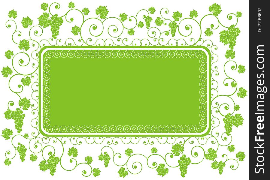 Green landscape frame decorated grape, vine and abstract ornament. Green landscape frame decorated grape, vine and abstract ornament