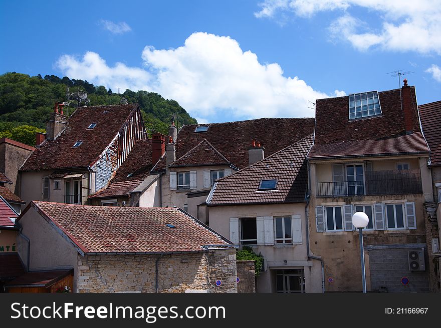 View over old french town tile roofs. View over old french town tile roofs