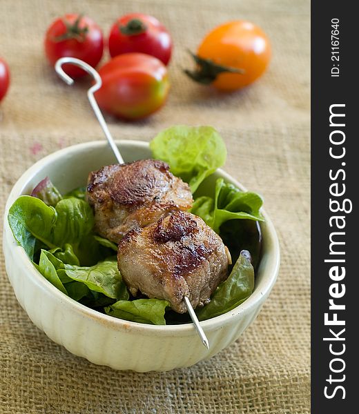 Meat kebab with fresh vegetable, selective focus