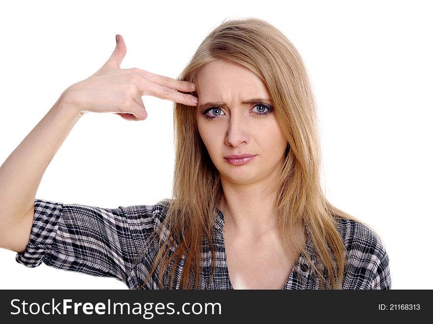 Stressful blond woman showing suicide gesture. Isolated on white background.