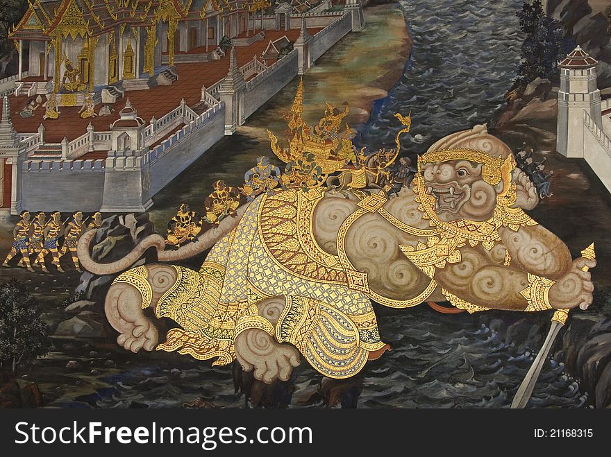 Thai Mural Painting On The Wall, (Hanuman)