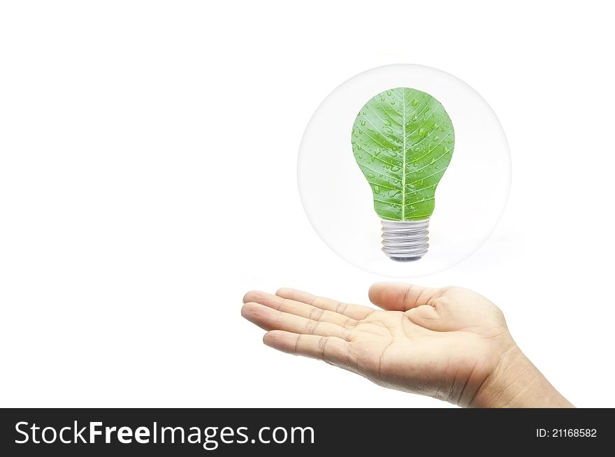 Green energy concept hand with leaf in bubbles as white isolate background