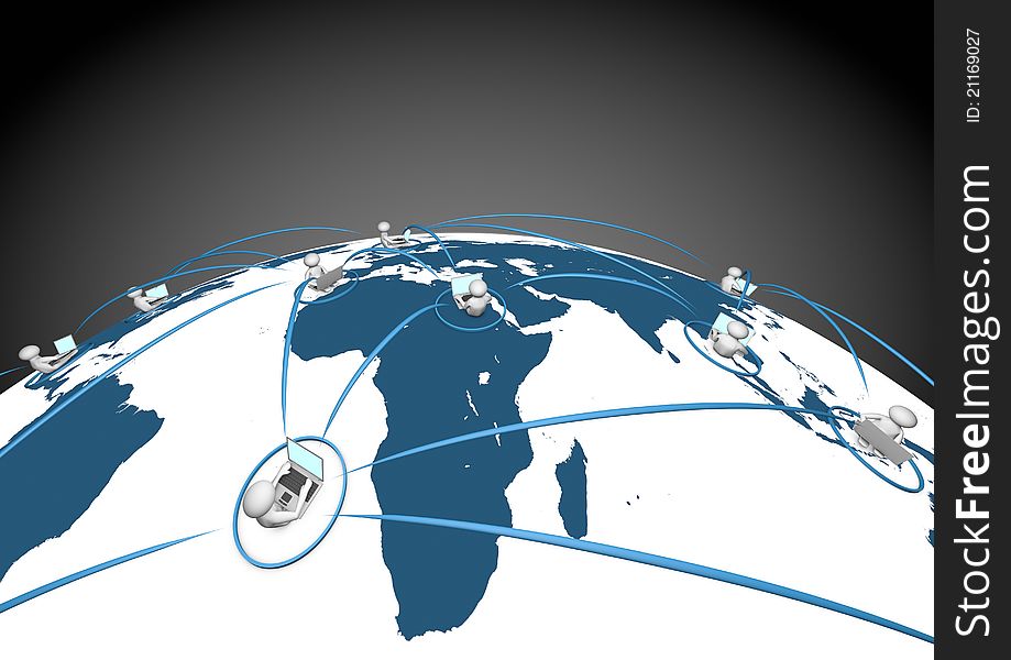 Render of several people connected to each other around the world. Render of several people connected to each other around the world