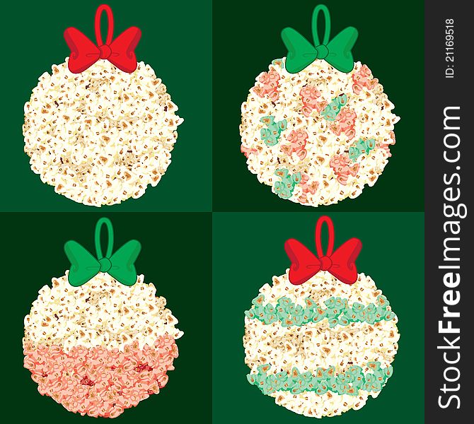 Christmas illustration of popcorn balls with dyed popcorn and ribbons to decorate the tree. Christmas illustration of popcorn balls with dyed popcorn and ribbons to decorate the tree.