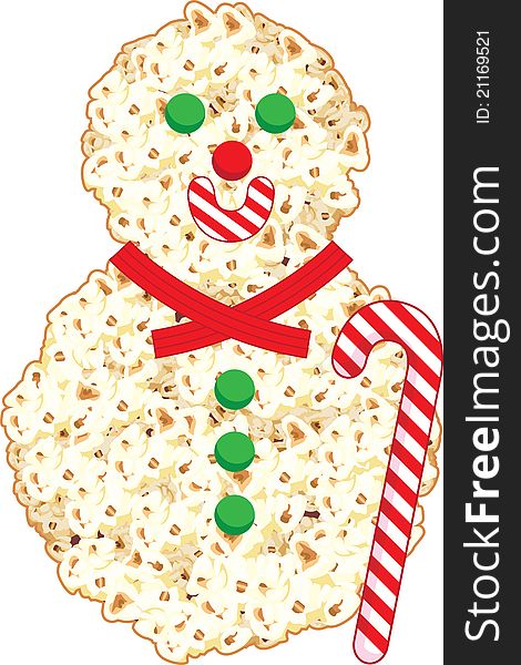 Character illustration of a smiling pop corn snowman complete with candy cane. Character illustration of a smiling pop corn snowman complete with candy cane.