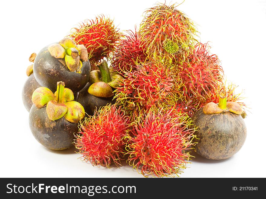 Rambutan and mangosteen on white background