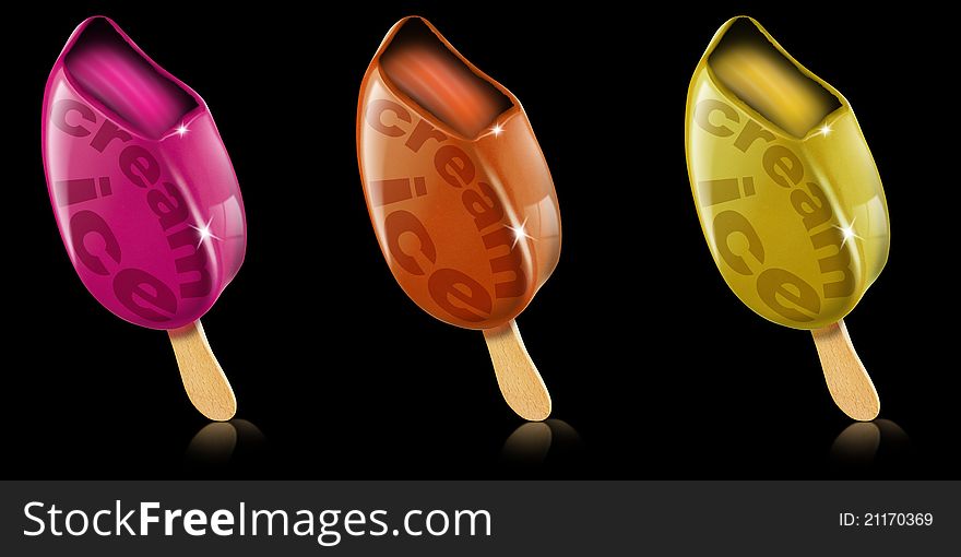 Three colored ice creams on a black background