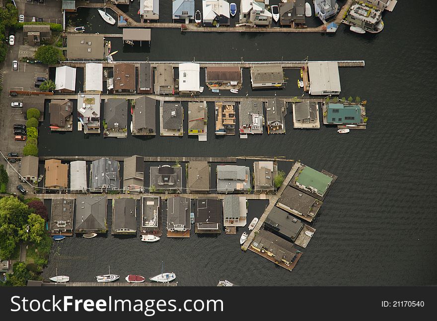 Aerial view of rows of house boats on Lake Union. Aerial view of rows of house boats on Lake Union