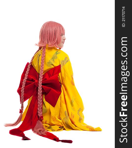 Girl in cosplay character kimono costume with huge bow isolated