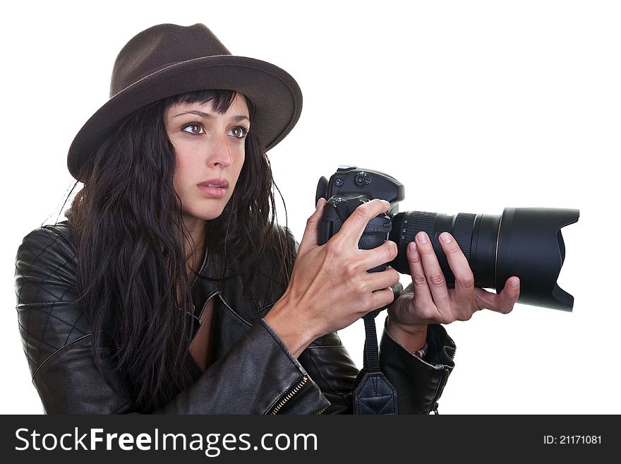 Attractive young woman taking photos with a large DSLR. Attractive young woman taking photos with a large DSLR.