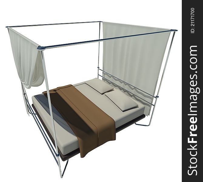 White queen size bed with curtain 3D rendering