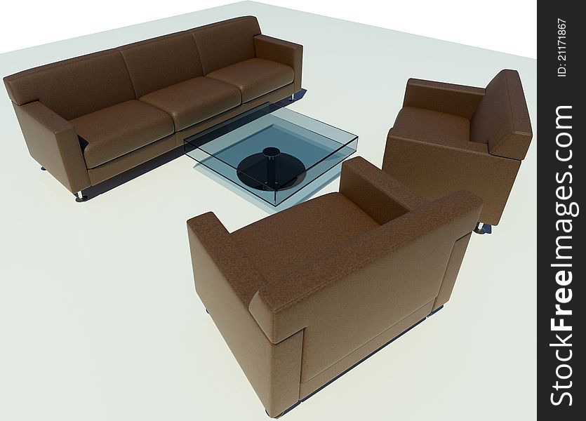 Brown Sofa Group in White Isolated 3D Rendering