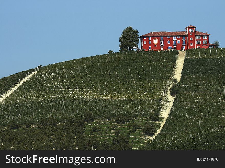 View of a farm in the vineyards in the Langhe in Piedmont