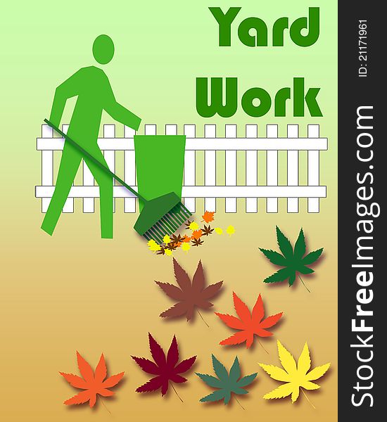 Gardener raking leaves colorful yard work poster illustration. Gardener raking leaves colorful yard work poster illustration