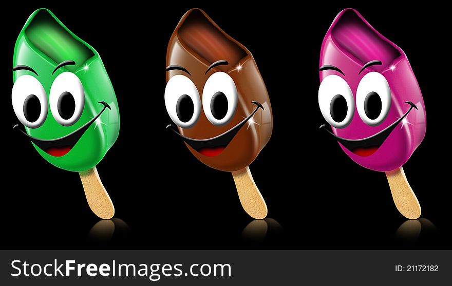 Three cartoon colored ice creams with smile on a black background