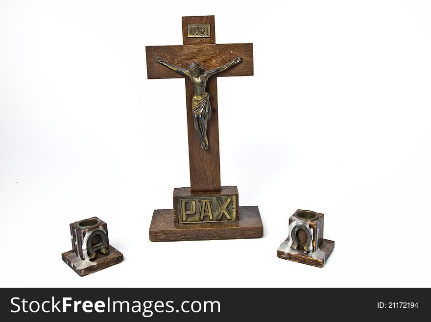 Wooden Crucifix and Candle Holders