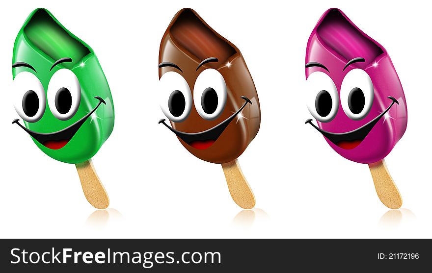 Three cartoon colored ice creams with smile on a white background