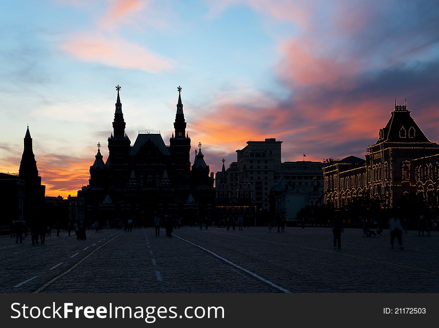 Colorful sunset over Red Square and the Kremlin in Moscow. Colorful sunset over Red Square and the Kremlin in Moscow.