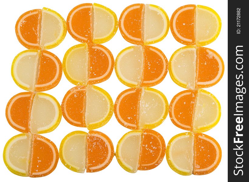 Background of Fruit Candy isolated on white background, top view