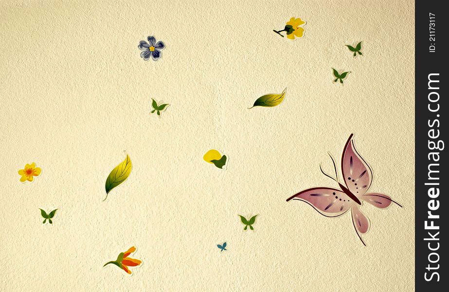 Flower and buterflies on wall