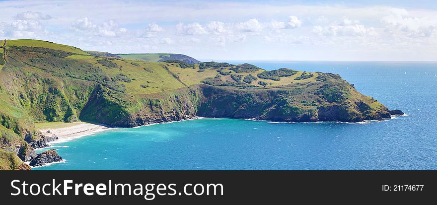 A panoramic image of the landscape of Polruan in Cornwall, England.