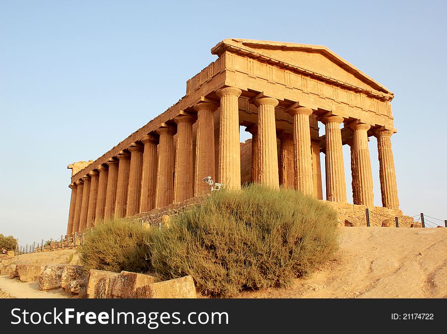 The side view of the Temple of Concord at the Valley of the Temples in Agrigento in Sicily, Italy
