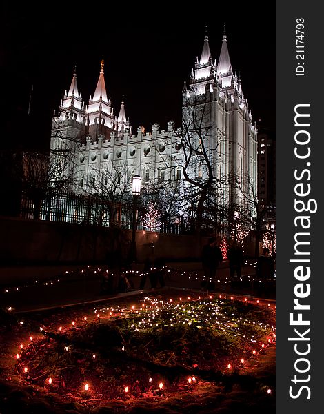 Image of the SLC temple and the Christmas light display. Image of the SLC temple and the Christmas light display