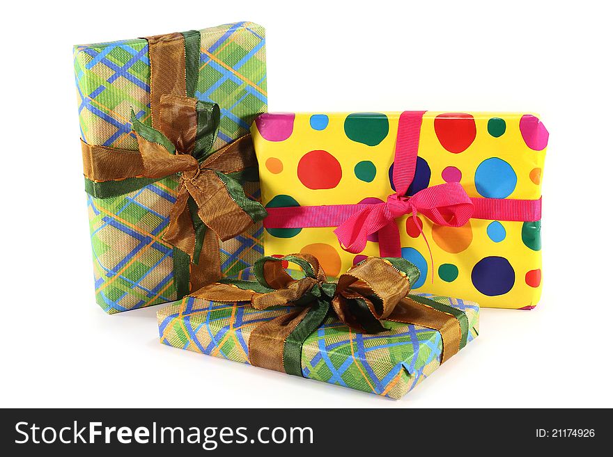 Various colorful gifts on a white background