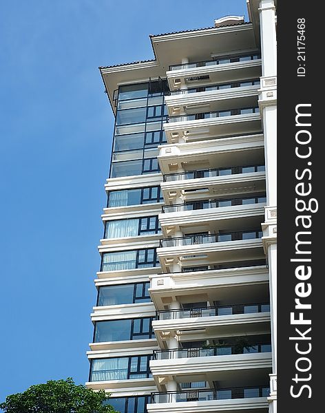 Exterior of the apartments house with blue sky