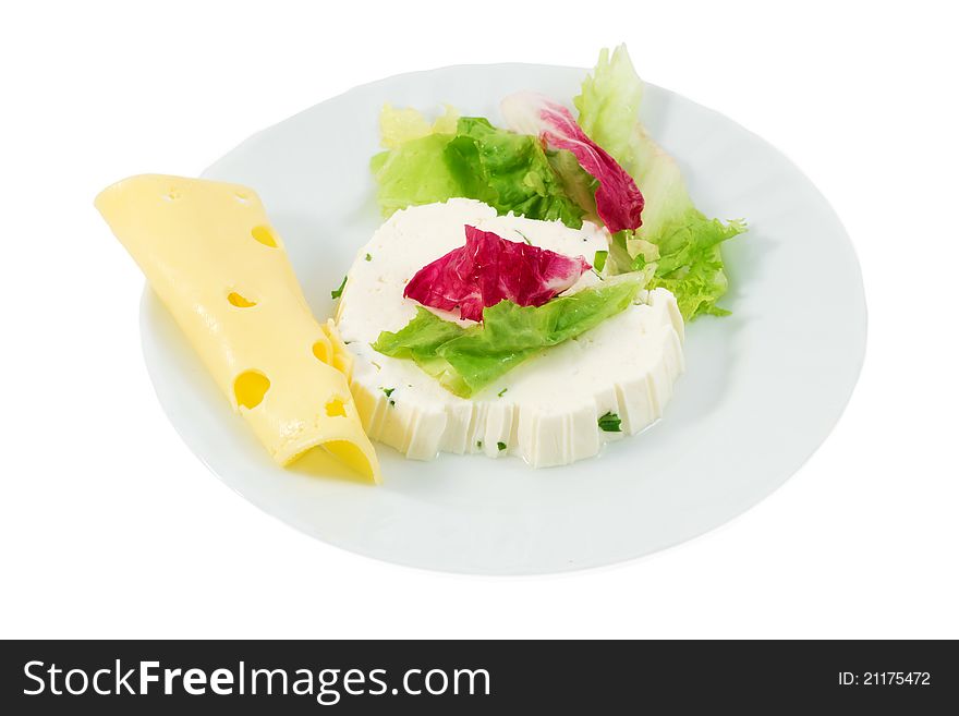 Ricotta cheese, lettuce and Swiss cheese on a white background