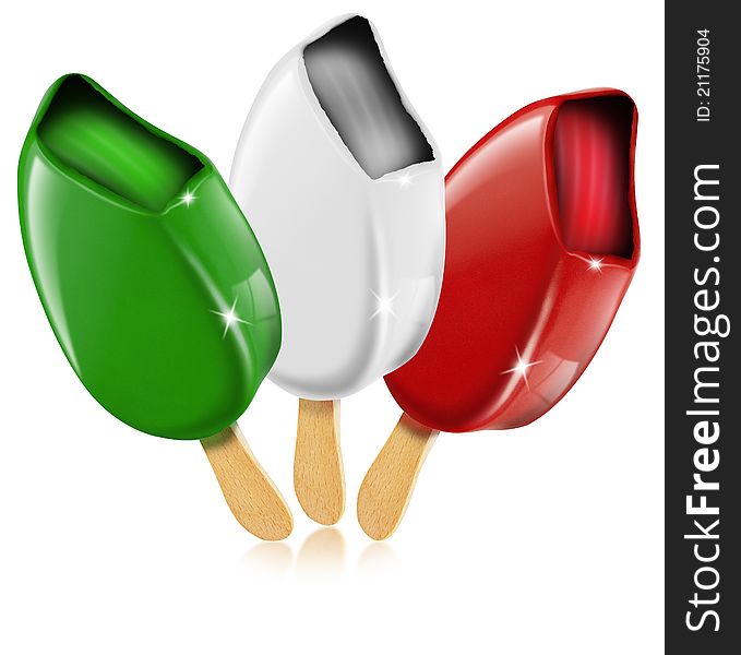 Three ice cream white, red, green made in Italy, italian flag. Three ice cream white, red, green made in Italy, italian flag