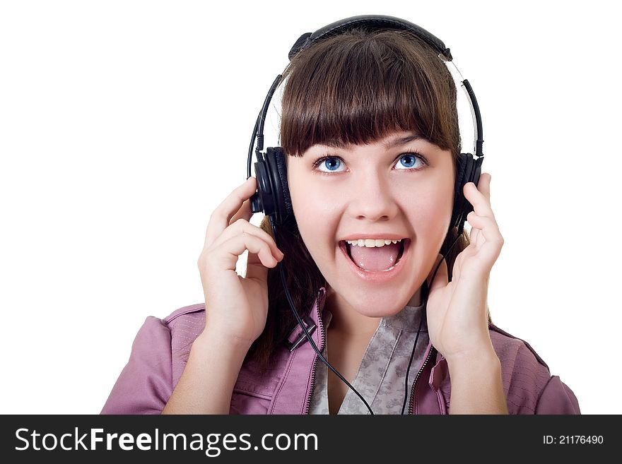 Closeup portrait of attractive girl with headphones isolated over white