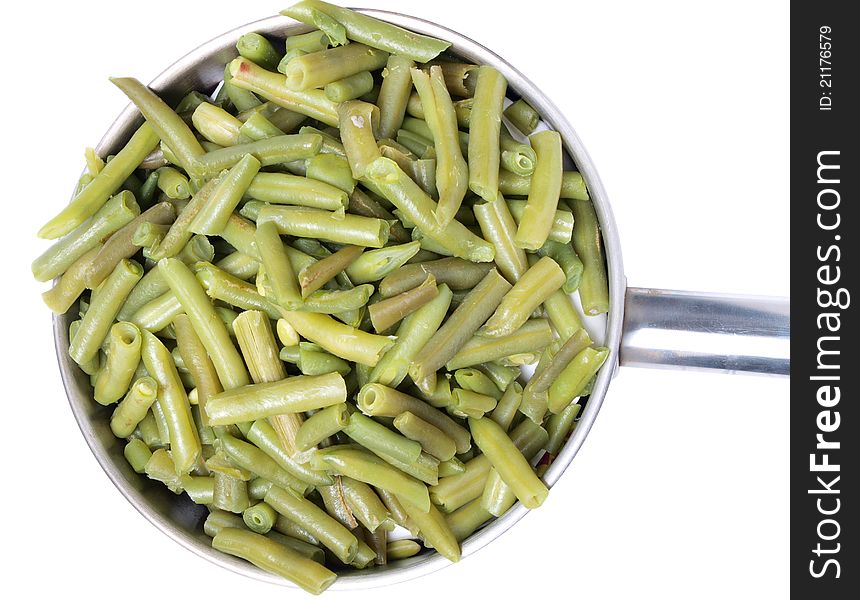 Color photo of green beans in a metal pan. Color photo of green beans in a metal pan
