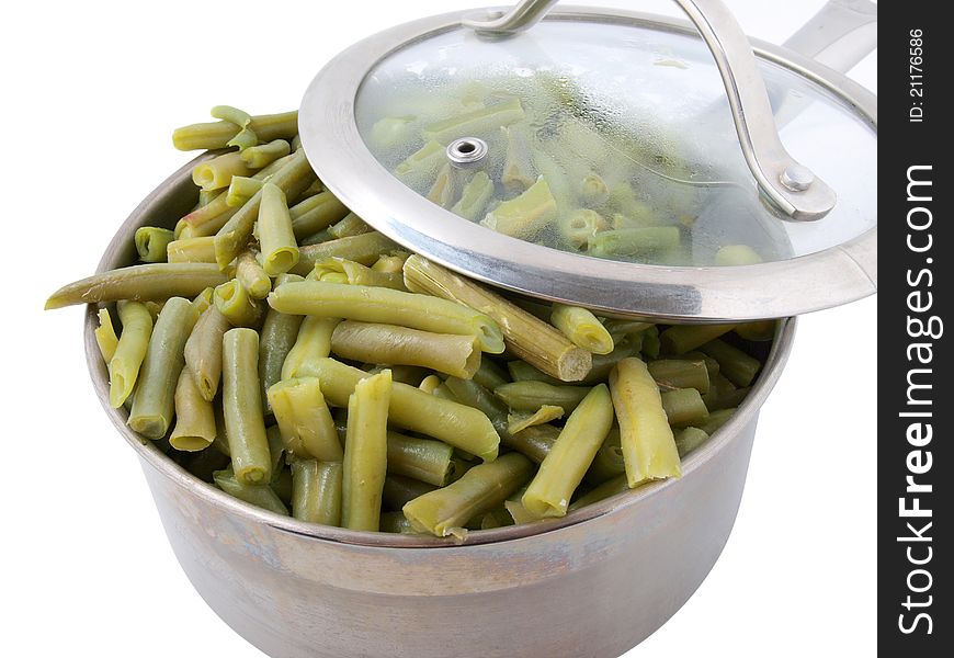 Color photo of green beans in a metal pan. Color photo of green beans in a metal pan
