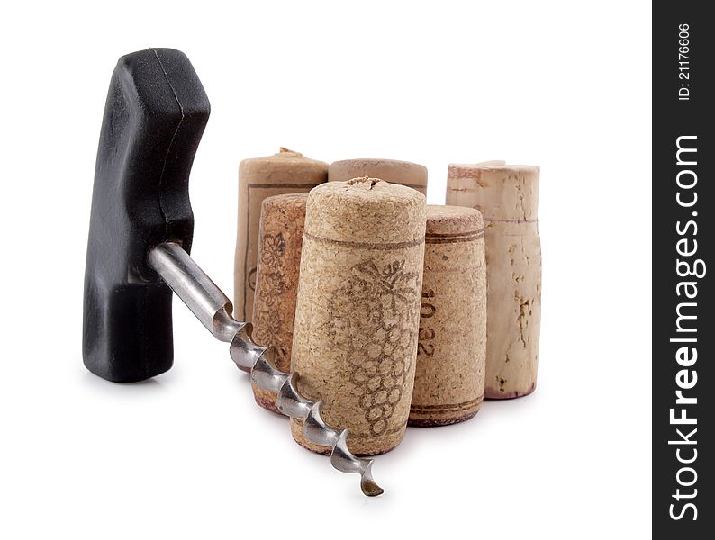 Color photo of bottle corks and old corkscrew