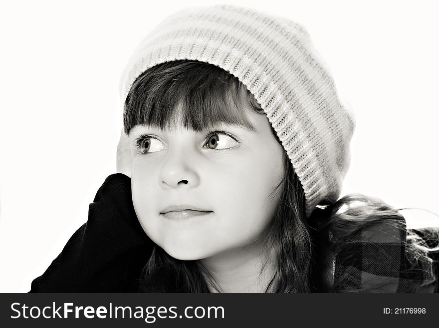 Black-White portrait of attractive girl in beret isolated over white