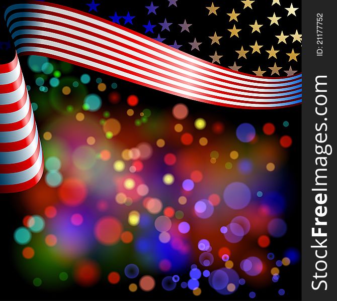 Illustration of background with festive illumination, flag and stars. Illustration of background with festive illumination, flag and stars.